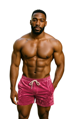 Man wearing hot pink velvet shorts with pockets and a drawstring