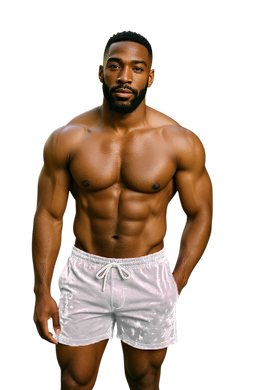 Muscular man wearing white velvet shorts with pockets and drawstring 