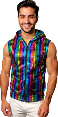 Man wearing a zip up hooded vest with a rainbow square pattern on a white background