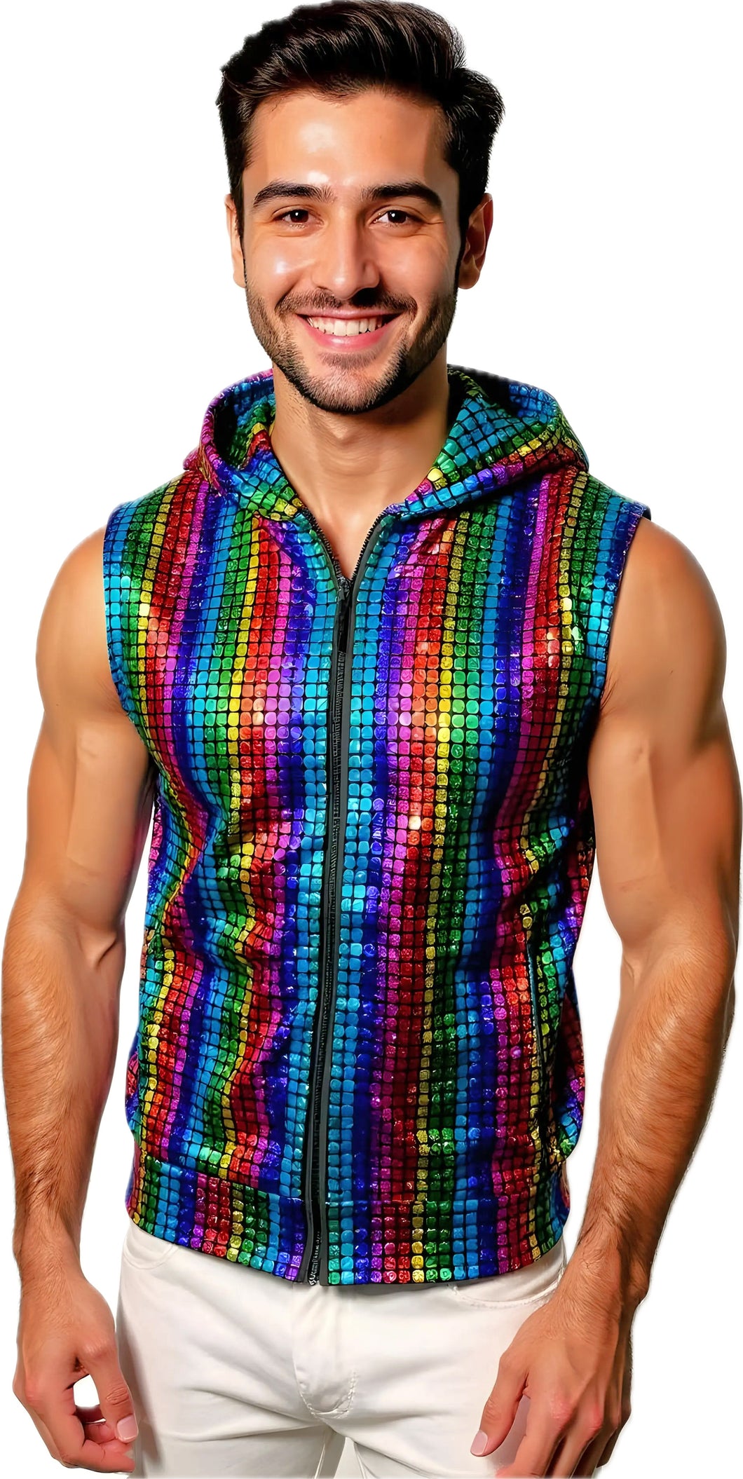 Man wearing a zip up hooded vest with a rainbow square pattern on a white background