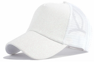 WHITE GLITTER BASEBALL CAP—MESH BACK