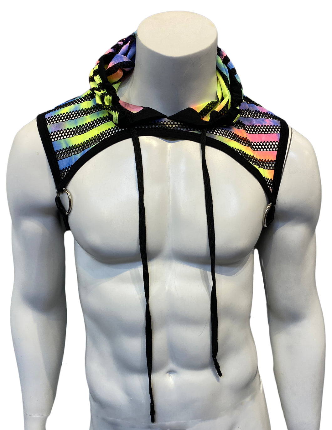 Tie Dye Striped Mesh Hooded Harness - BLACK RAINBOW