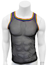 Load image into Gallery viewer, Fine Mesh - Fishnet See Through Sexy Men&#39;s Tank With Rainbow Trim - Black
