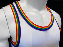 Load image into Gallery viewer, Fine Mesh - Fishnet See Through Sexy Men&#39;s Tank With Rainbow Trim - White
