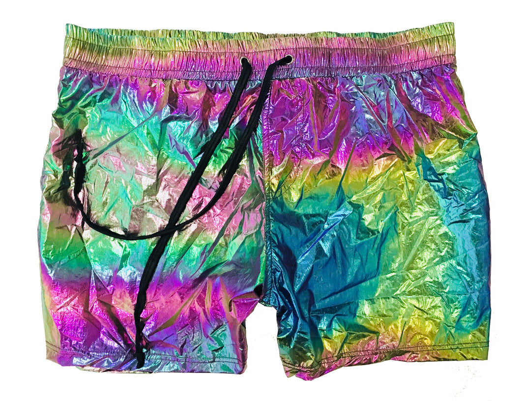 Iridescent Metallic Rave Shorts - Green / Pink Multi