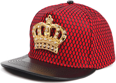 A Red-colored flat-bill cap with a metallic jeweled crown plate featuring rhinestones on it.