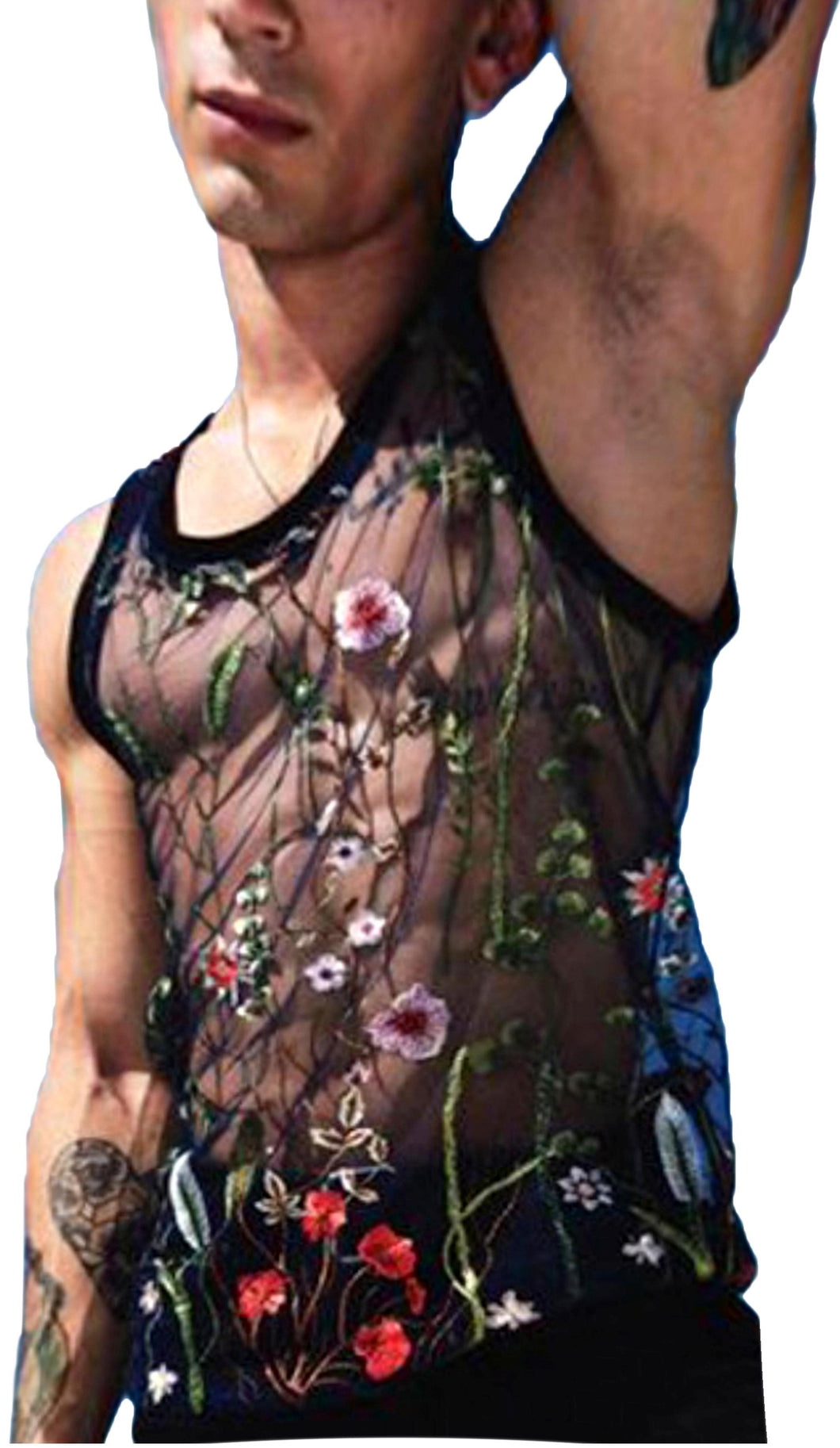 Embroidered Floral Mesh Tank - BLACK