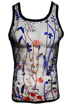 Load image into Gallery viewer, Embroidered Blue Floral Mesh Tank - Black
