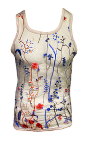 Embroidered Blue Floral Mesh Tank - White