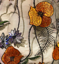 Load image into Gallery viewer, Close up photo of mesh fabric and orange floral embroidery
