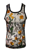 Load image into Gallery viewer, Black mesh tank top with orange and green floral embroidery
