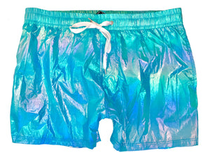 Iridescent Metallic Rave Shorts - Light Blue Multi