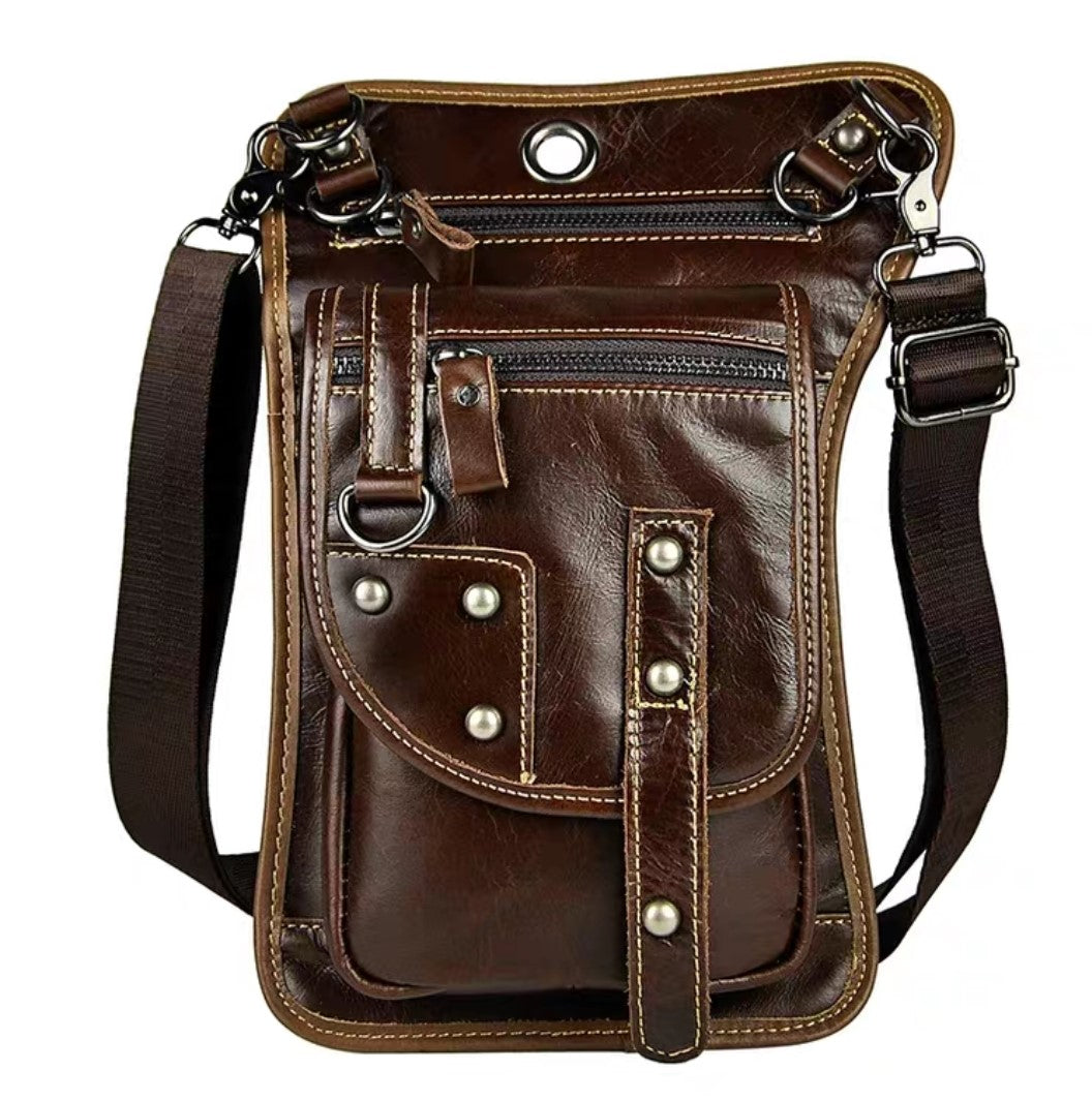 Leather Leg Bag With Studs-Brown