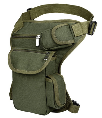Army green leg bag with two zipper pockets and a couple velcro pockets