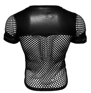 Sexy Fishnet Tee With Vinyl PU Chest And Sleeve Trim
