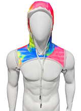 Load image into Gallery viewer, Hooded Harness - Tie Dye Striped White Rainbow Mesh
