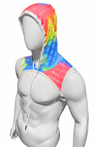 Hooded Harness - Tie Dye Striped White Rainbow Mesh