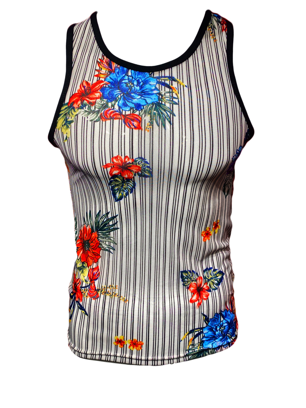 Made in SF Tank -White Black Pinstripes Floral Mesh