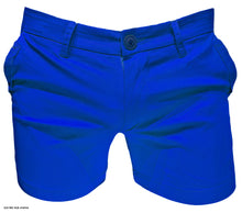 Load image into Gallery viewer, A pair of bright electric blue chino shorts with a button closure, two side pockets, and several belt loops
