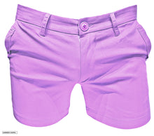 Load image into Gallery viewer, Lavender colored chino shorts with button closure, side pockets, and belt loops
