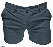Load image into Gallery viewer, A pair of dark grey colored chino shorts with button closure, side pockets, and belt loops
