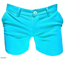 Load image into Gallery viewer, Sky blue chino shorts with button closure, side pockets, and belt loops
