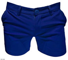 Load image into Gallery viewer, Navy blue chino shorts with button closure, belt loops, and side pockets.
