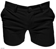 Load image into Gallery viewer, A pair of black chino short shorts displayed against a white background.
