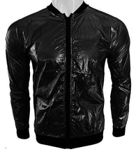 Load image into Gallery viewer, This image features a sleek, high gloss woven jacket in a striking black shiny finish. The jacket is designed as a thin windbreaker with no lining, showcasing a lightweight and non-stretch fabric.

