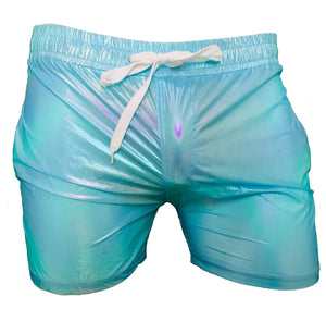 Iridescent Metallic Rave Shorts - Light Blue Multi
